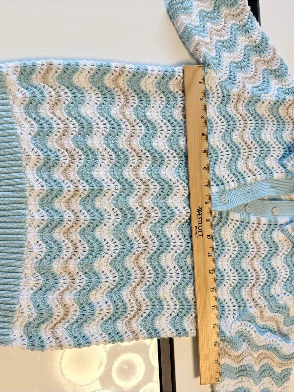 GG Blue Knit Polo Shirt  Pastel Blue Chevron Wave Crochet Short Sleeve Cotton 🩵